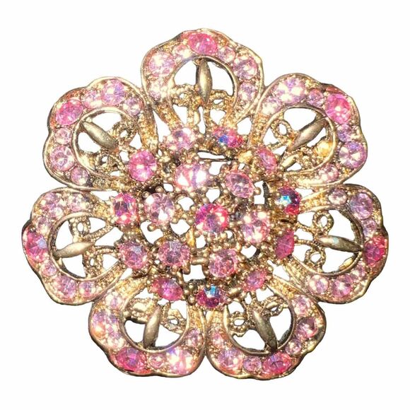 Flower Brooch Pin Rhinestone Round Layered Flowers Gold Vintage Pink - Picture 1 of 6